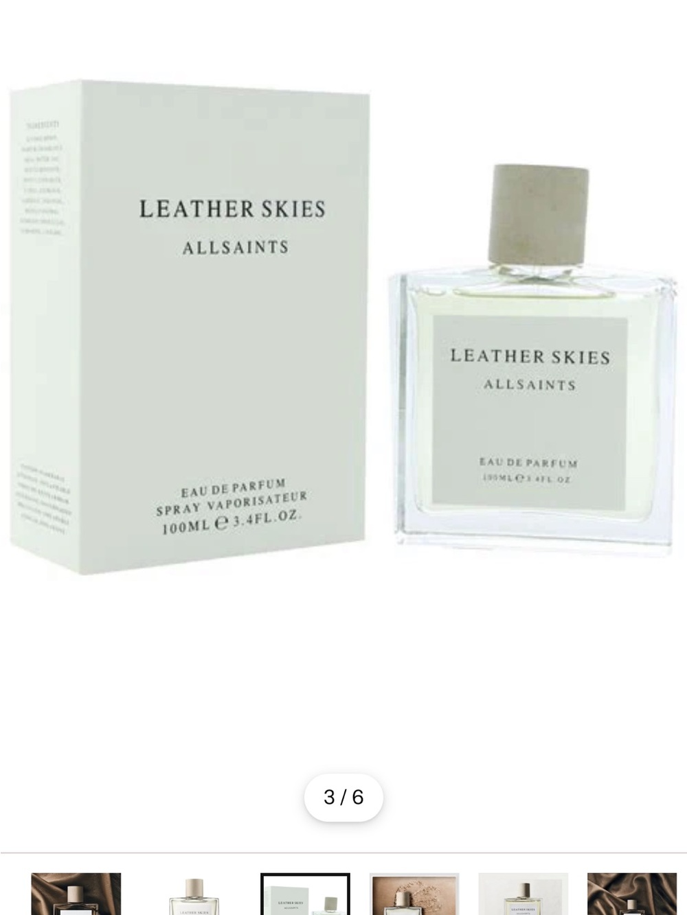 AllSaints Leather Skies eau de Parfum 3.4 oz Clear Bottle with Cream Cap - Picture 4 of 5